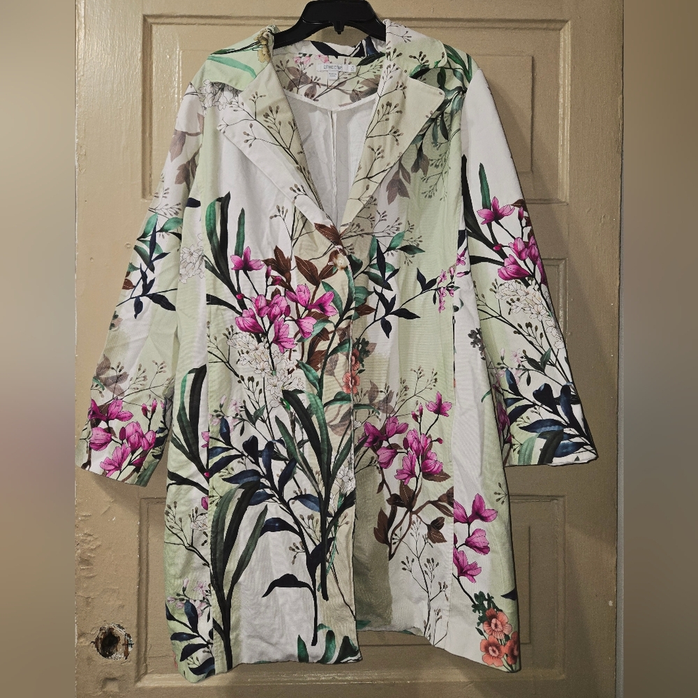 Chico's Green Pink Floral Canvas Button Front Cotton Blend Jacket Topper EUC